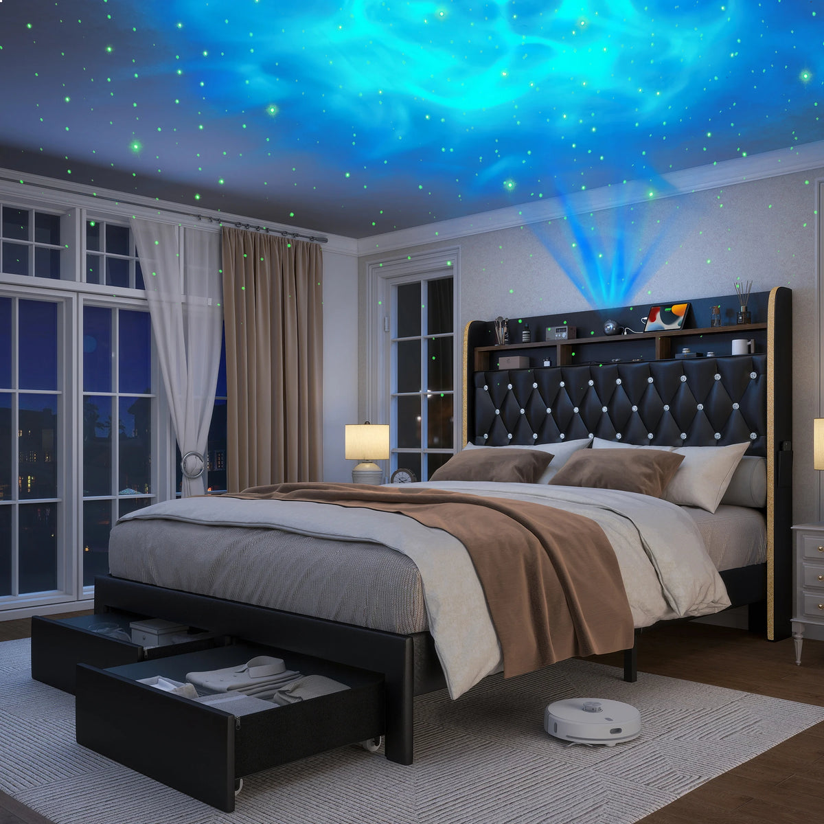 SIBEDS LED Platform Bed Frame Featuring Storage And Star Projector