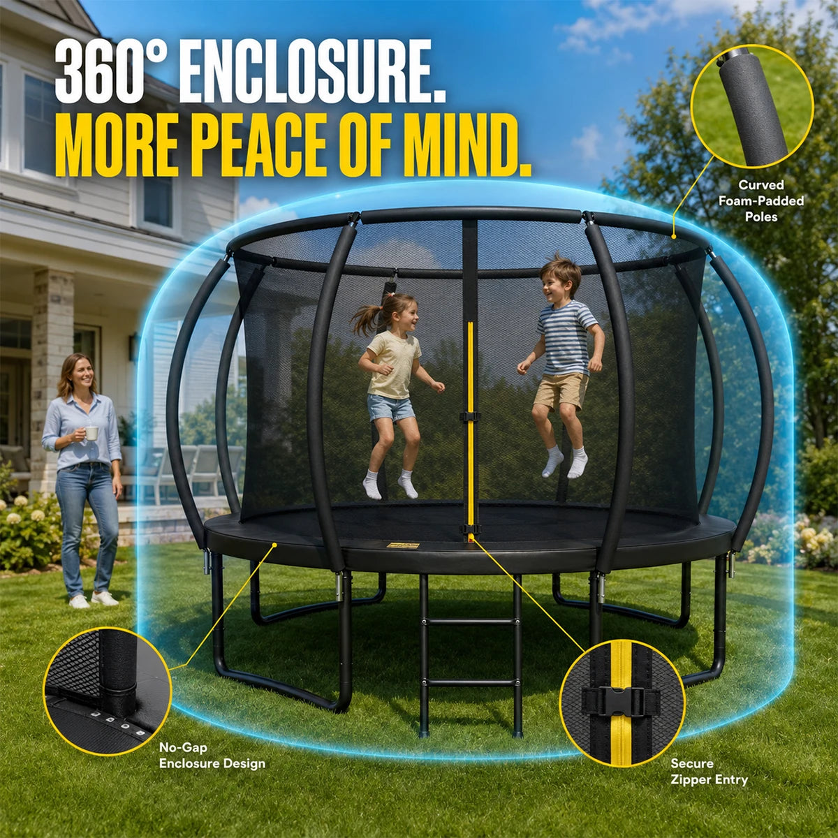 Round Trampoline Featuring Enclosed Safety Net And Steady Ladder For Kids