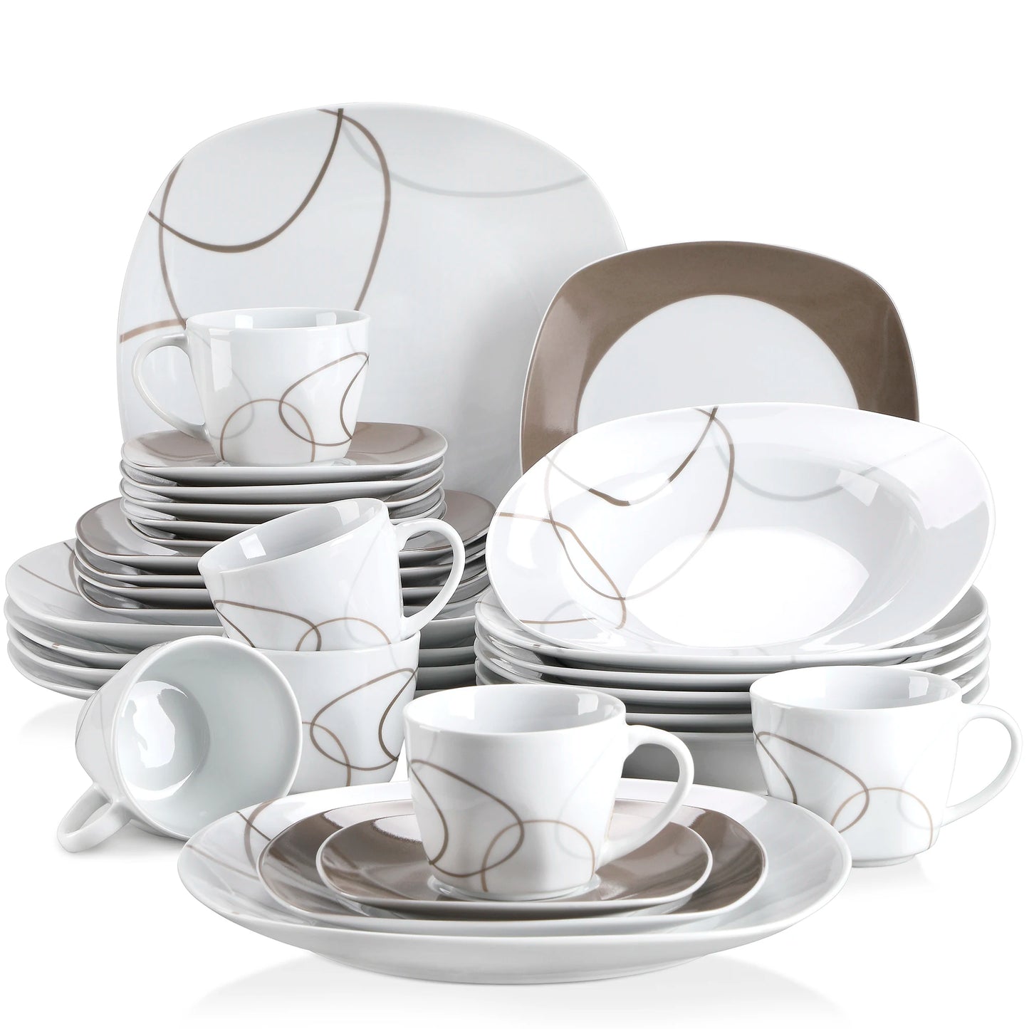 MALACASA 30 Piece Porcelain Dinnerware Set With Plates Cups And Saucers
