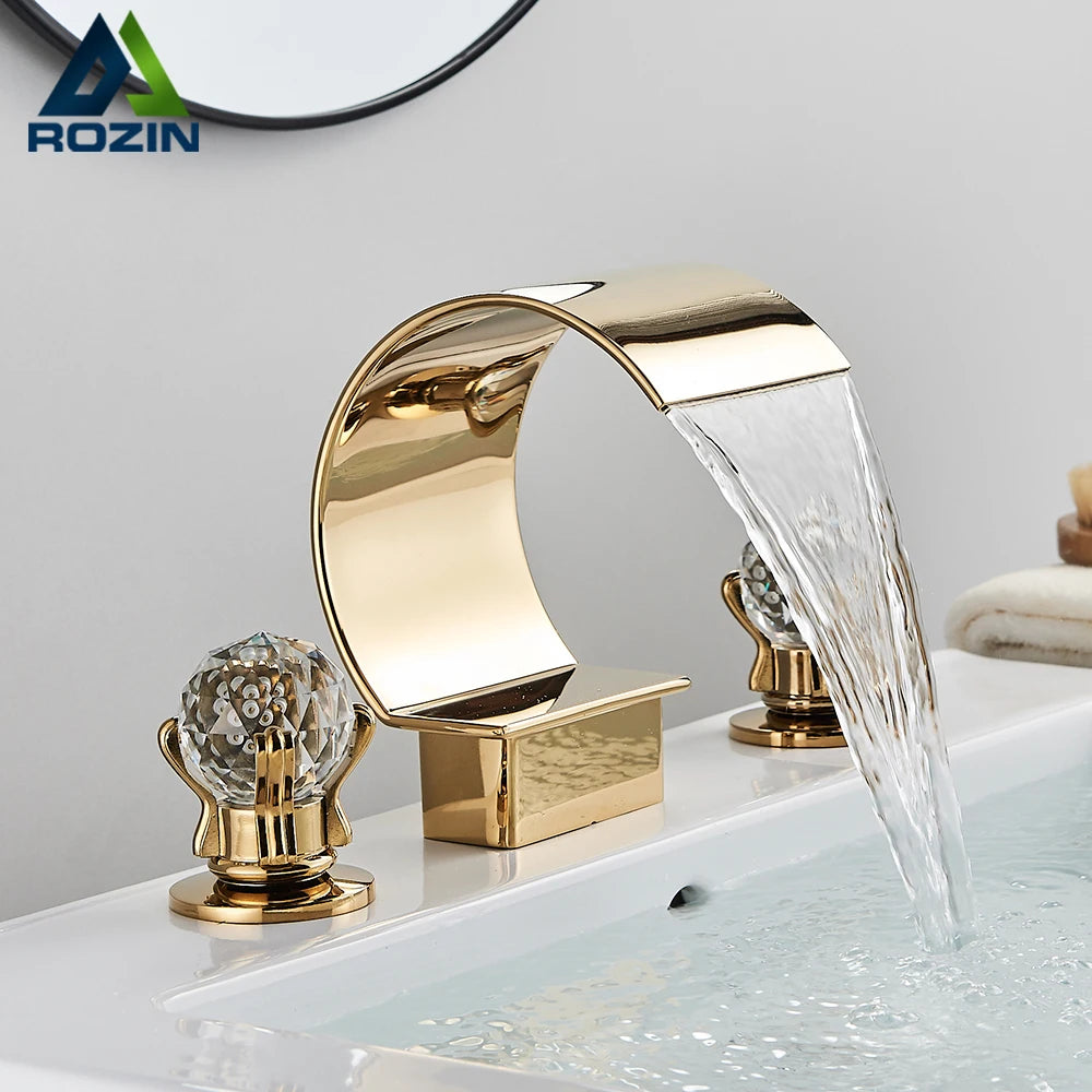 Rozin Waterfall Widespread Deck Mounted Basin Faucet With Crystal Handles