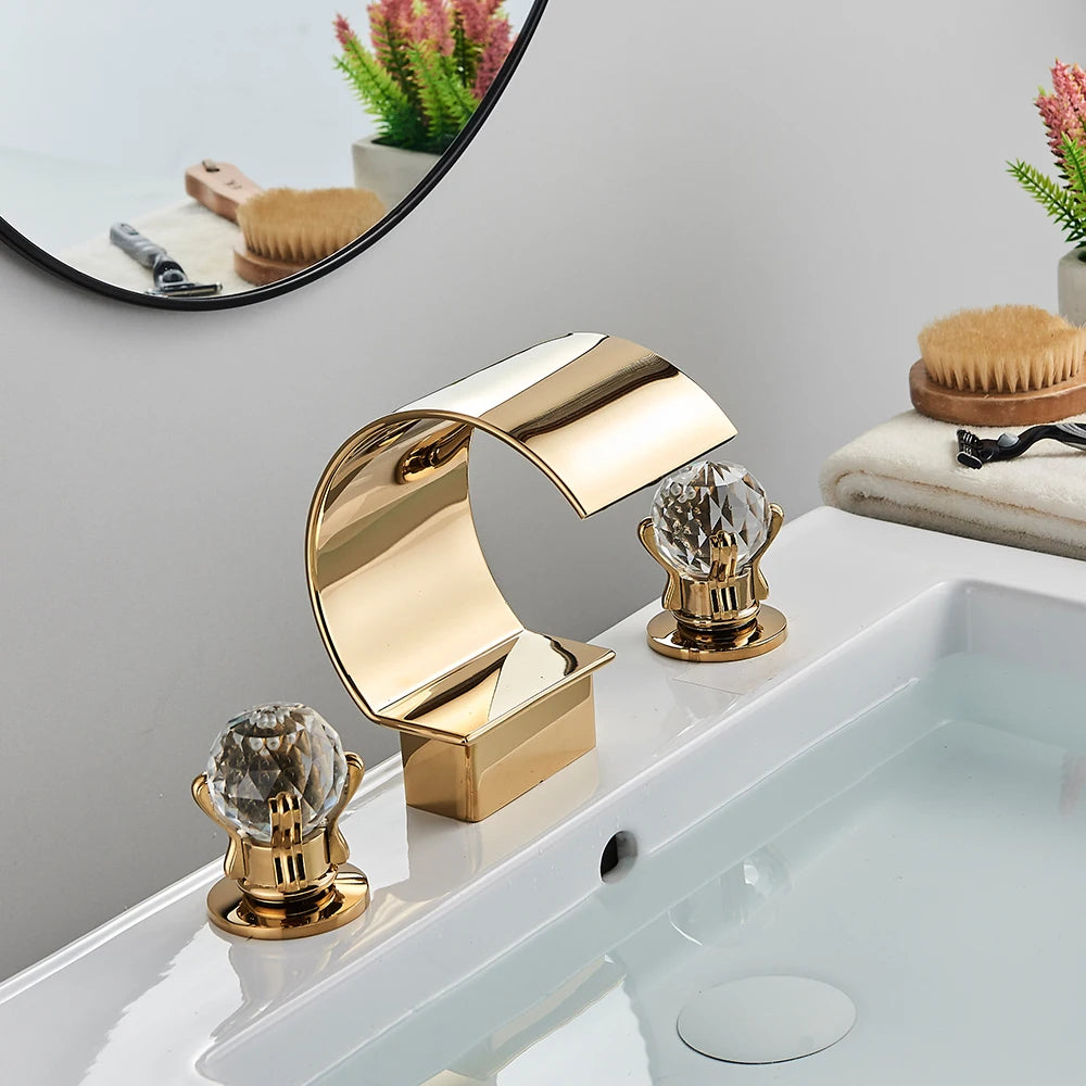 Rozin Waterfall Widespread Deck Mounted Basin Faucet With Crystal Handles