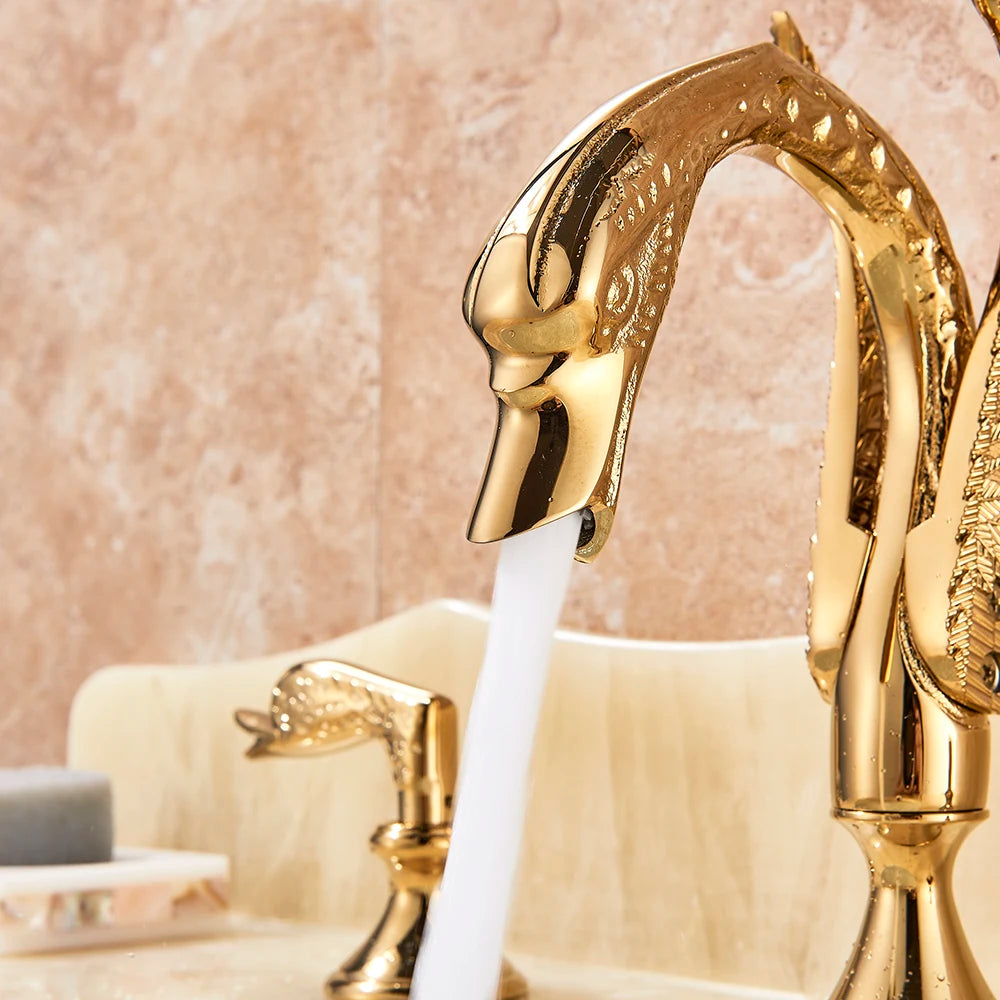 Luxury Bathroom Faucet Brass Golden Swan Shape Basin Tap Dual Handle Deck Mount Mixer Tap Sink Faucets Hot And Cold Water Mixer