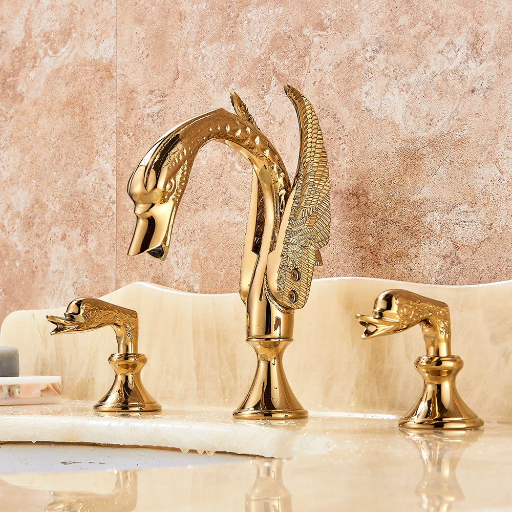 Luxury Bathroom Faucet Brass Golden Swan Shape Basin Tap Dual Handle Deck Mount Mixer Tap Sink Faucets Hot And Cold Water Mixer