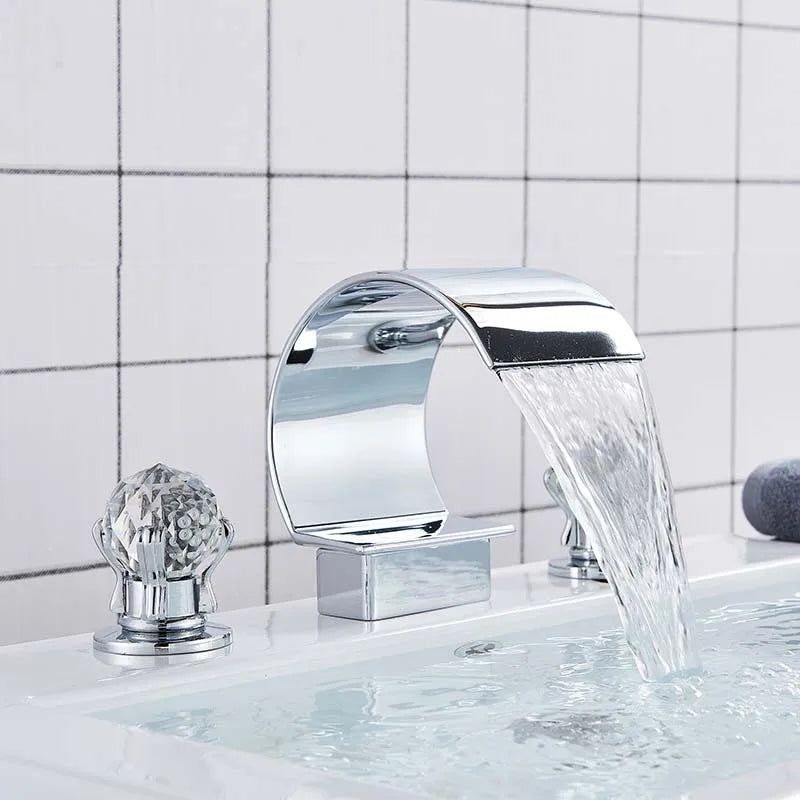 Rozin Waterfall Widespread Deck Mounted Basin Faucet With Crystal Handles