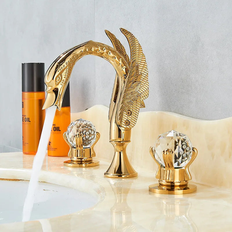 Luxury Bathroom Faucet Brass Golden Swan Shape Basin Tap Dual Handle Deck Mount Mixer Tap Sink Faucets Hot And Cold Water Mixer