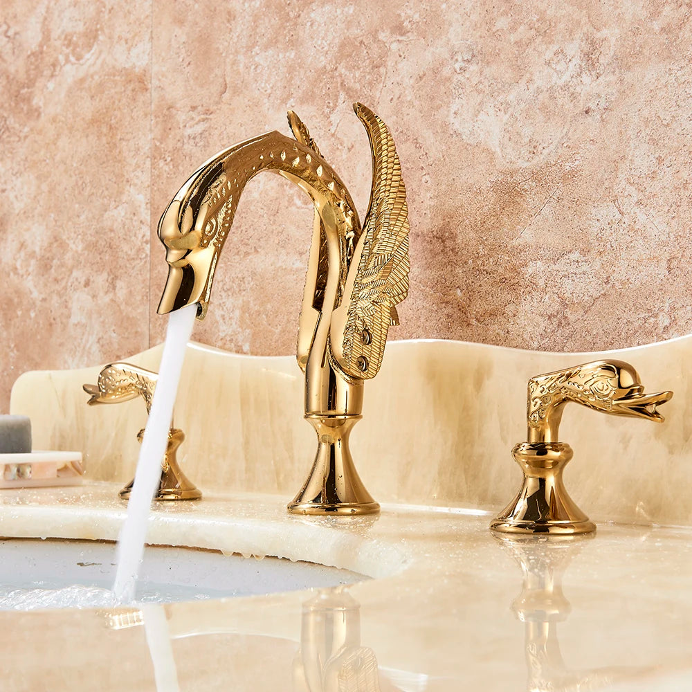 Luxury Bathroom Faucet Brass Golden Swan Shape Basin Tap Dual Handle Deck Mount Mixer Tap Sink Faucets Hot And Cold Water Mixer