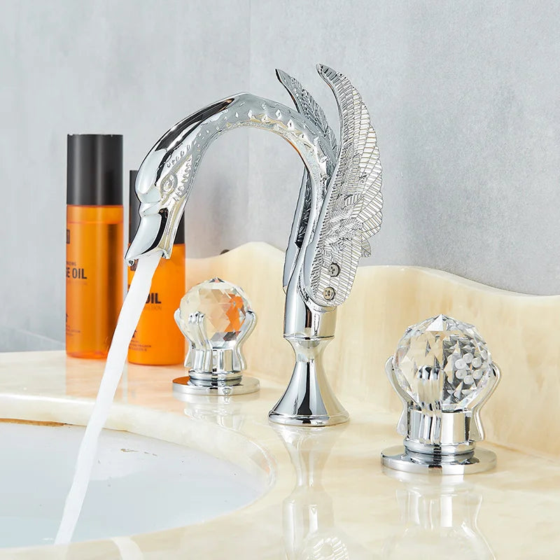 Luxury Bathroom Faucet Brass Golden Swan Shape Basin Tap Dual Handle Deck Mount Mixer Tap Sink Faucets Hot And Cold Water Mixer