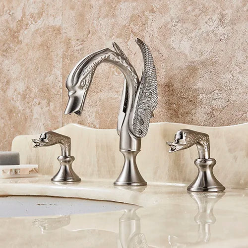Luxury Bathroom Faucet Brass Golden Swan Shape Basin Tap Dual Handle Deck Mount Mixer Tap Sink Faucets Hot And Cold Water Mixer