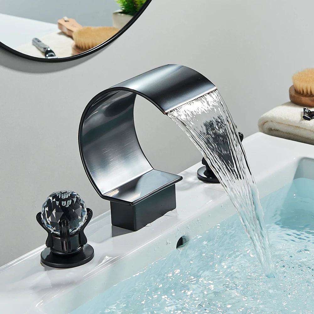 Rozin Waterfall Widespread Deck Mounted Basin Faucet With Crystal Handles
