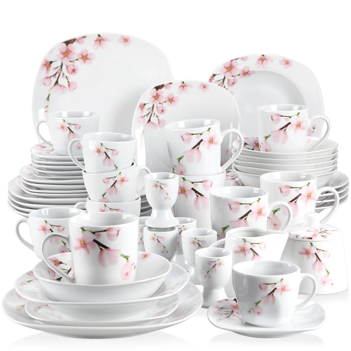 VEWEET Porcelain Dinnerware Set With Plates Bowls Cups And Saucers