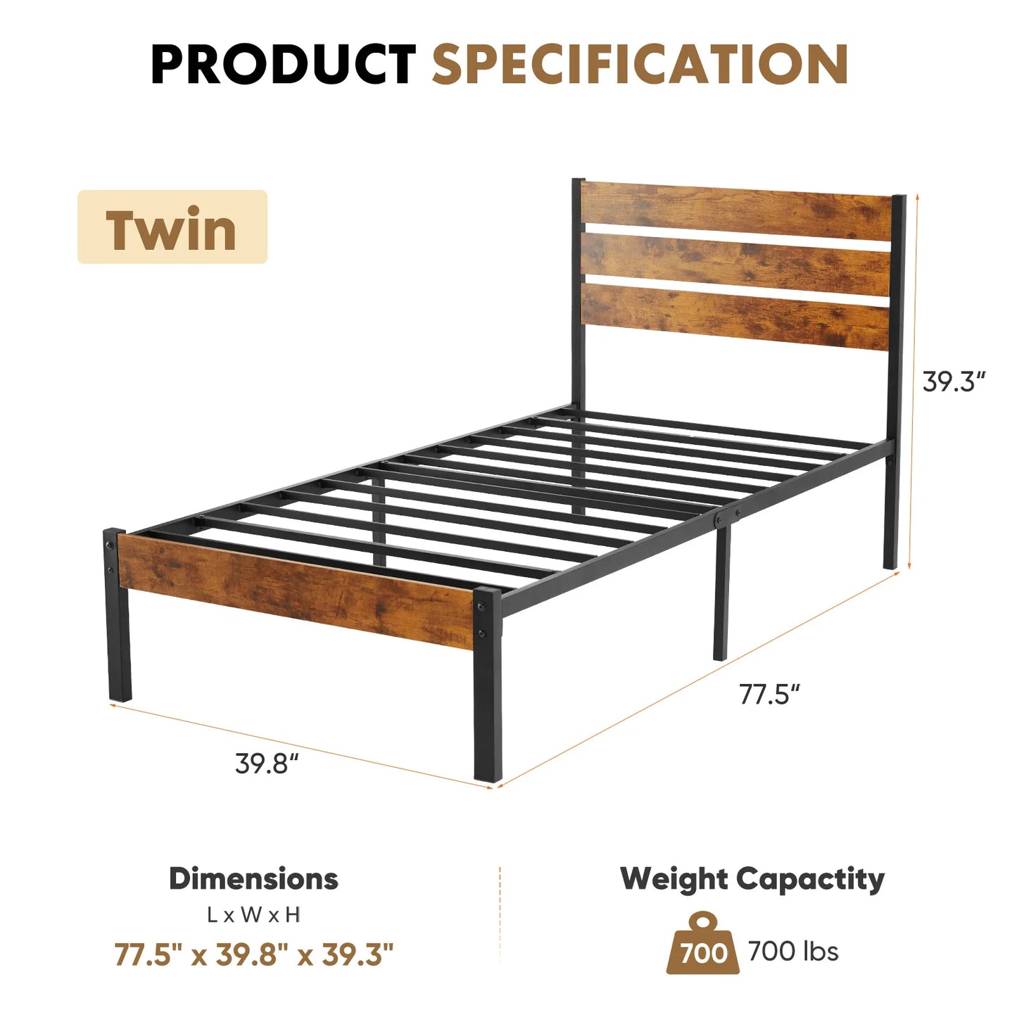 JHK Metal Platform Bed Frame With Headboard And Slats
