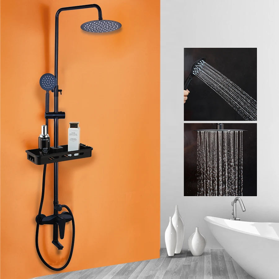 SINLAKU Bathroom Rainfall Shower Mixer Set With Storage Shelf