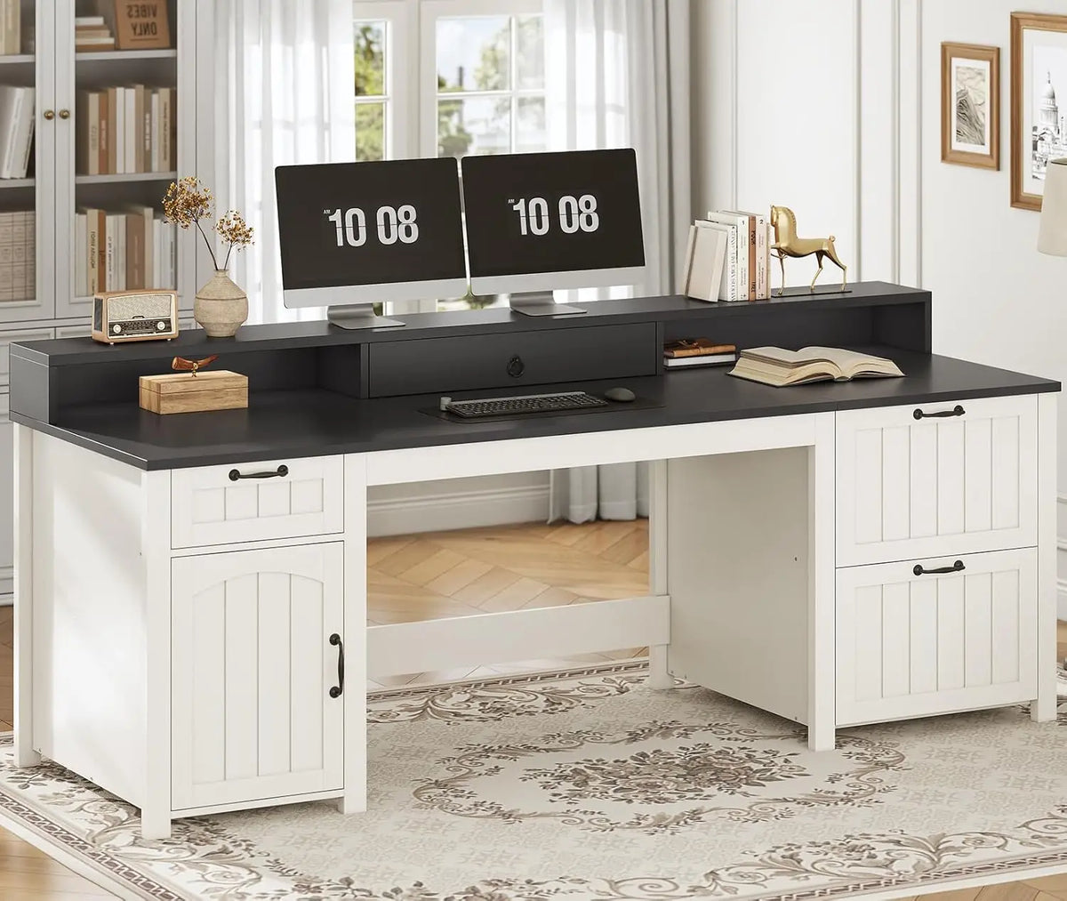 Farmhouse Office Desk With File Drawers And Monitor Stand
