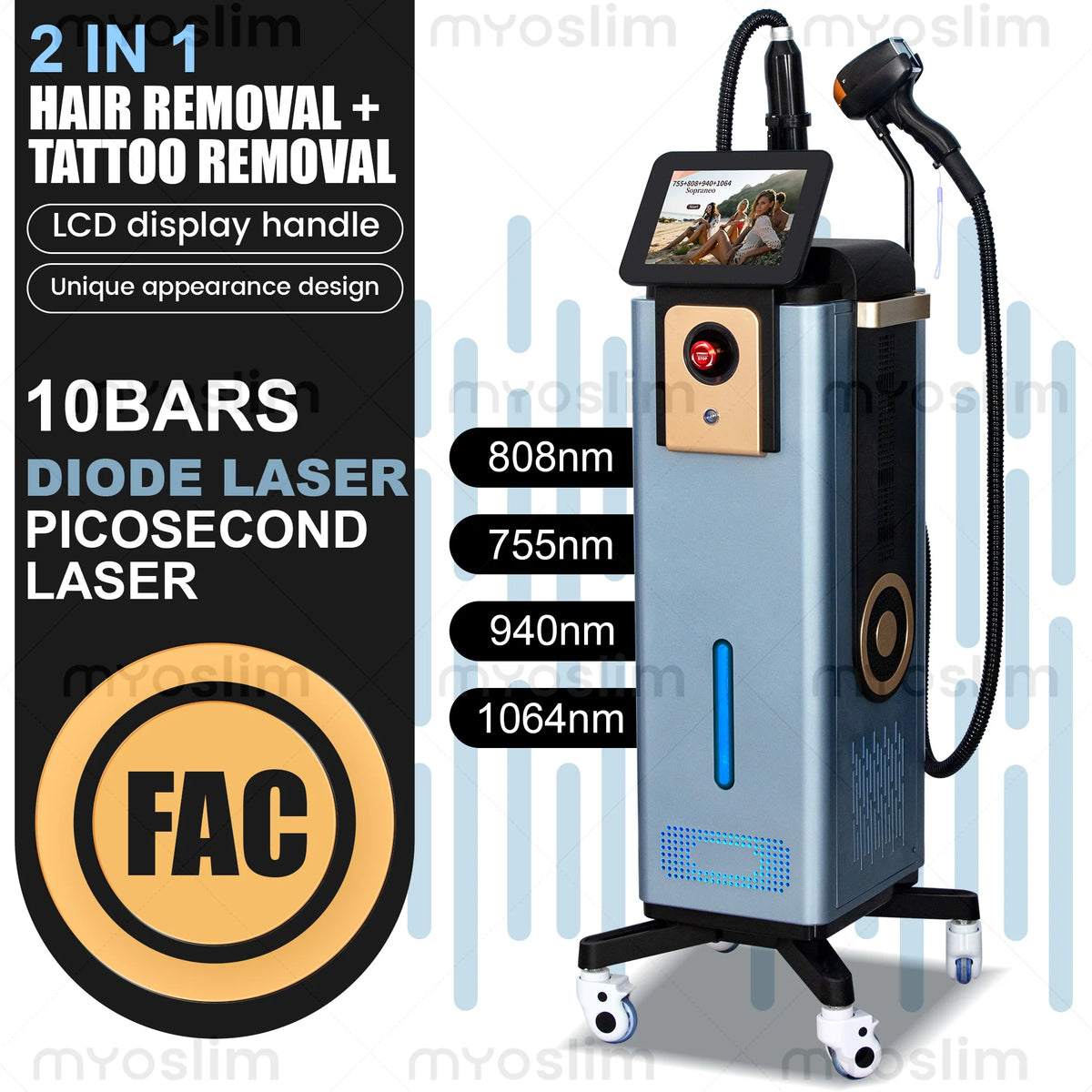 Diode Hair Removal 4/6 Wavelengths Pico Tattoo Removal Machine 755nm FAC Collimation Ice Cooling System Foldable Touc
