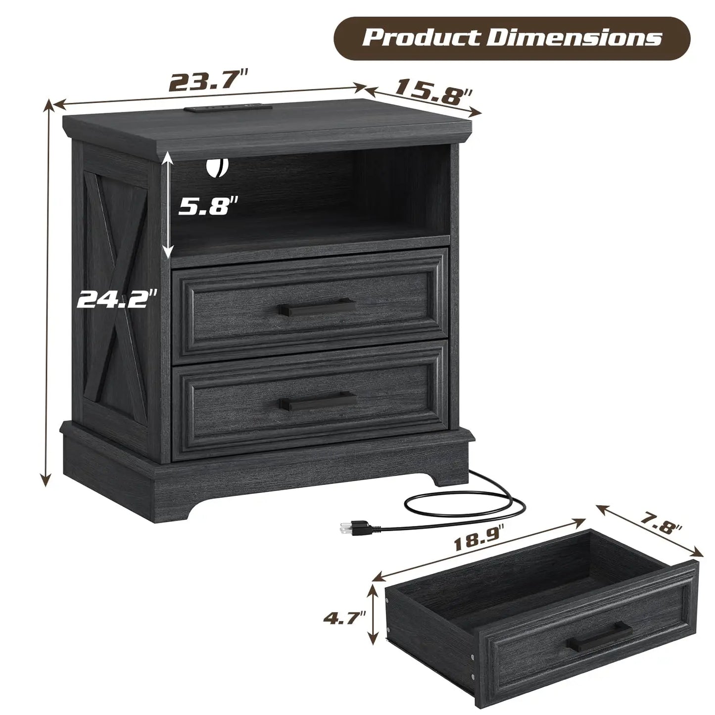 Frame Farmhouse Nightstands With Charging Station Set of 2