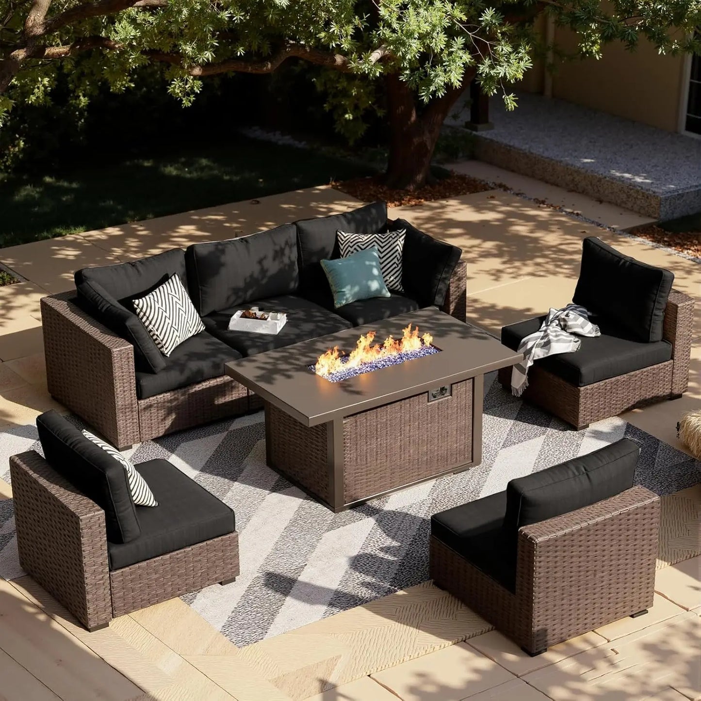 XIAOLANG 7-Piece Outdoor Patio Furniture Set With Fire Pit Table
