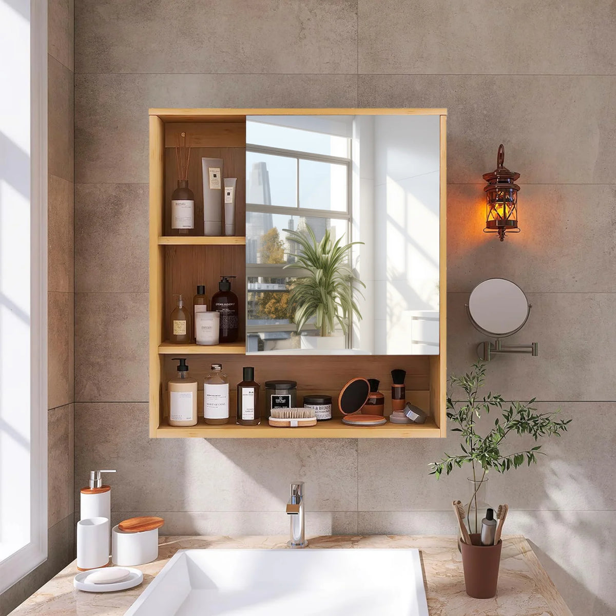 Wall Mounted Bamboo Cabinet With Adjustable Mirror Shelf