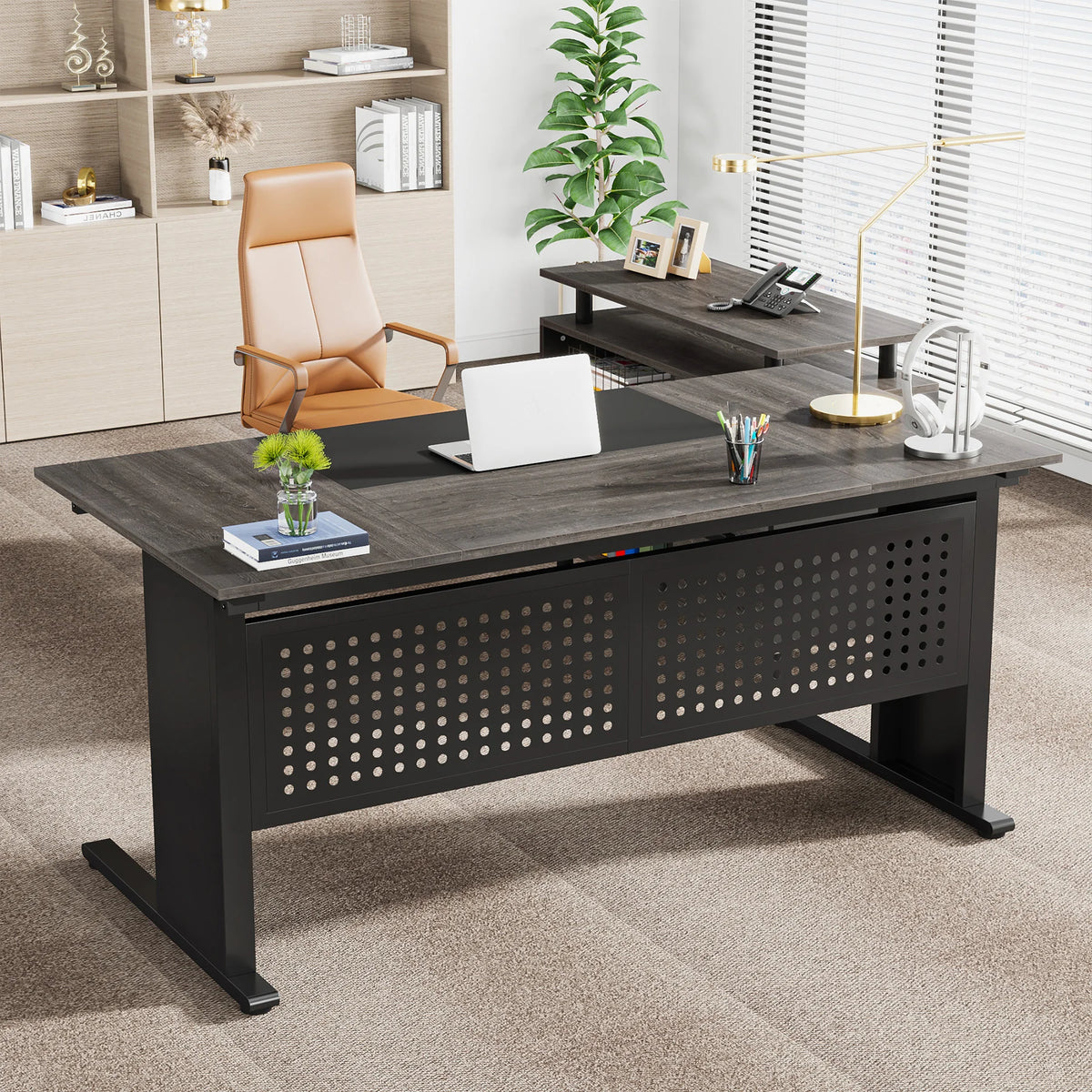 Tribesigns L-Shaped Office Desk with File Cabinet Drawers and Shelves
