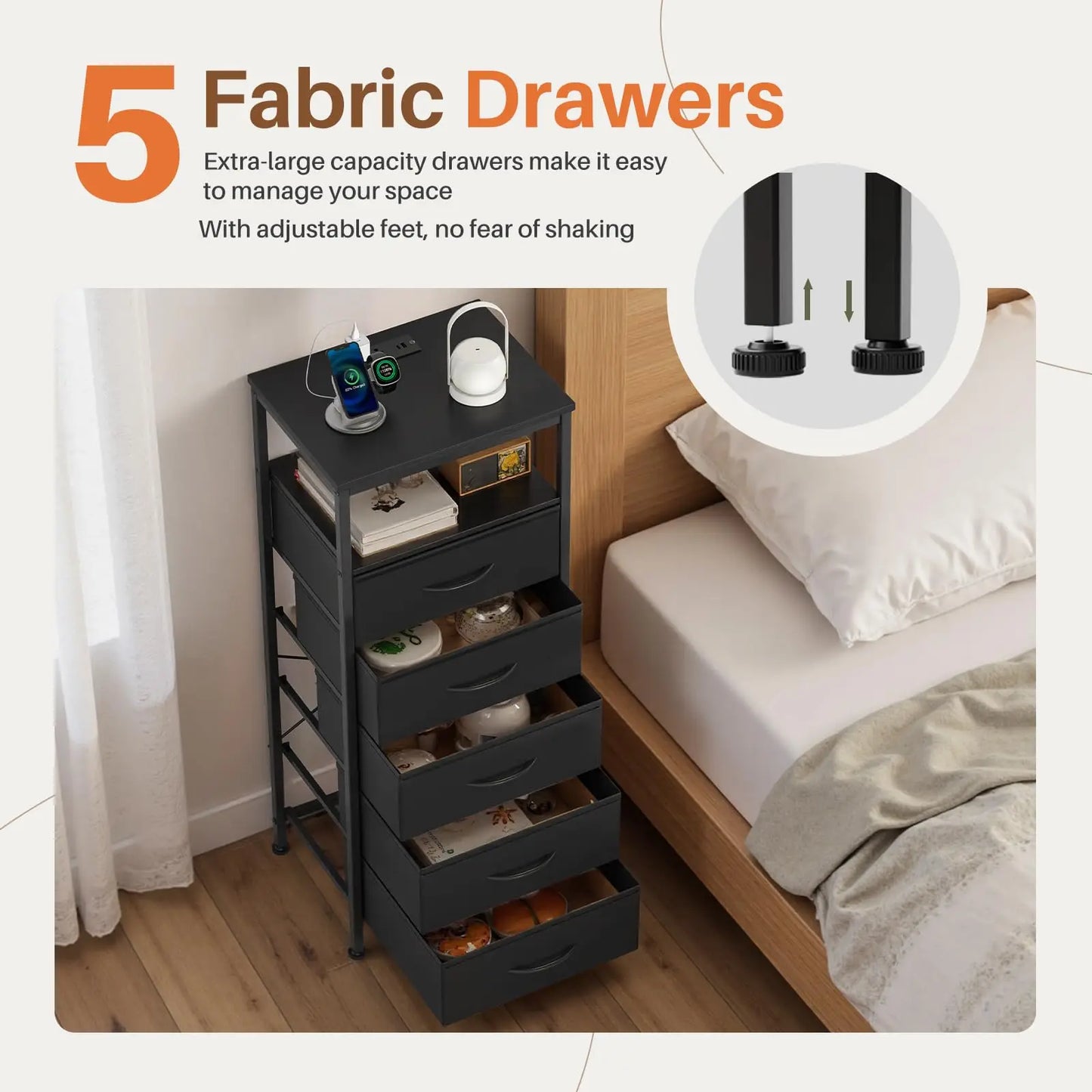 JHK Five Drawer Dresser With Nightstand Charging Station And Outlets