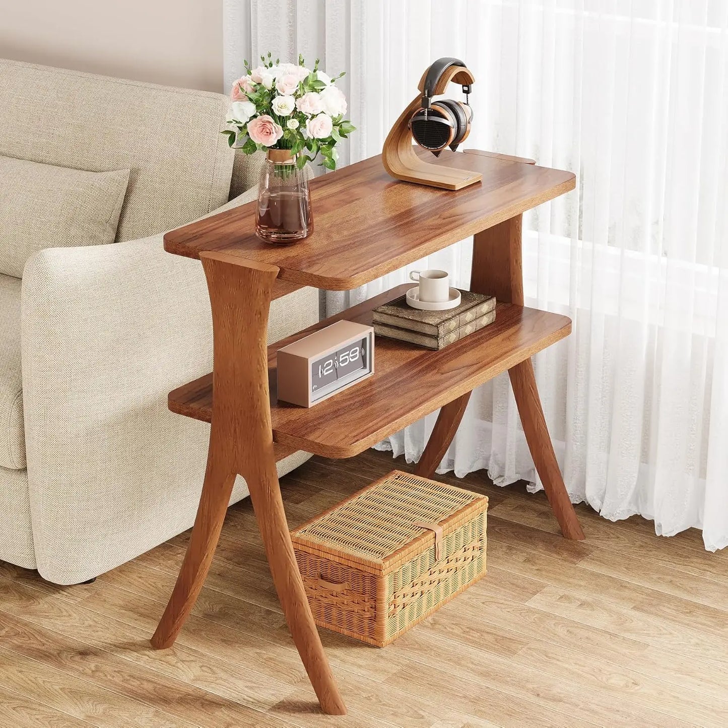 Little Tree Side Table Farmhouse End Table With 2-Tier Storage