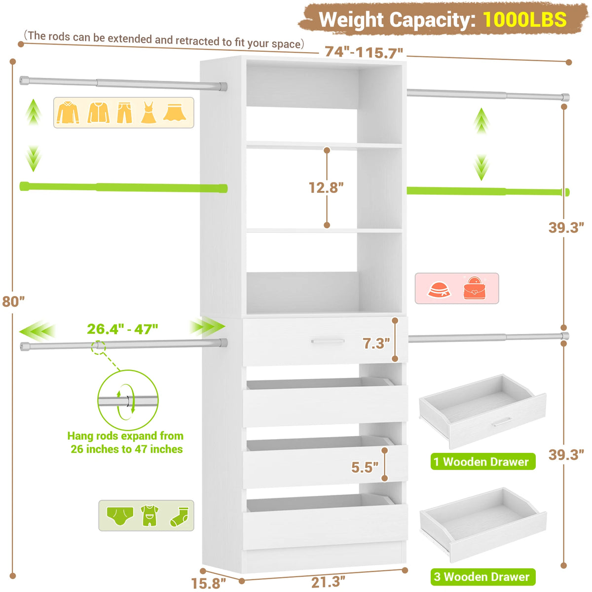Aheaplus Wooden Closet Organizer With Four Drawers And Hanging Rods