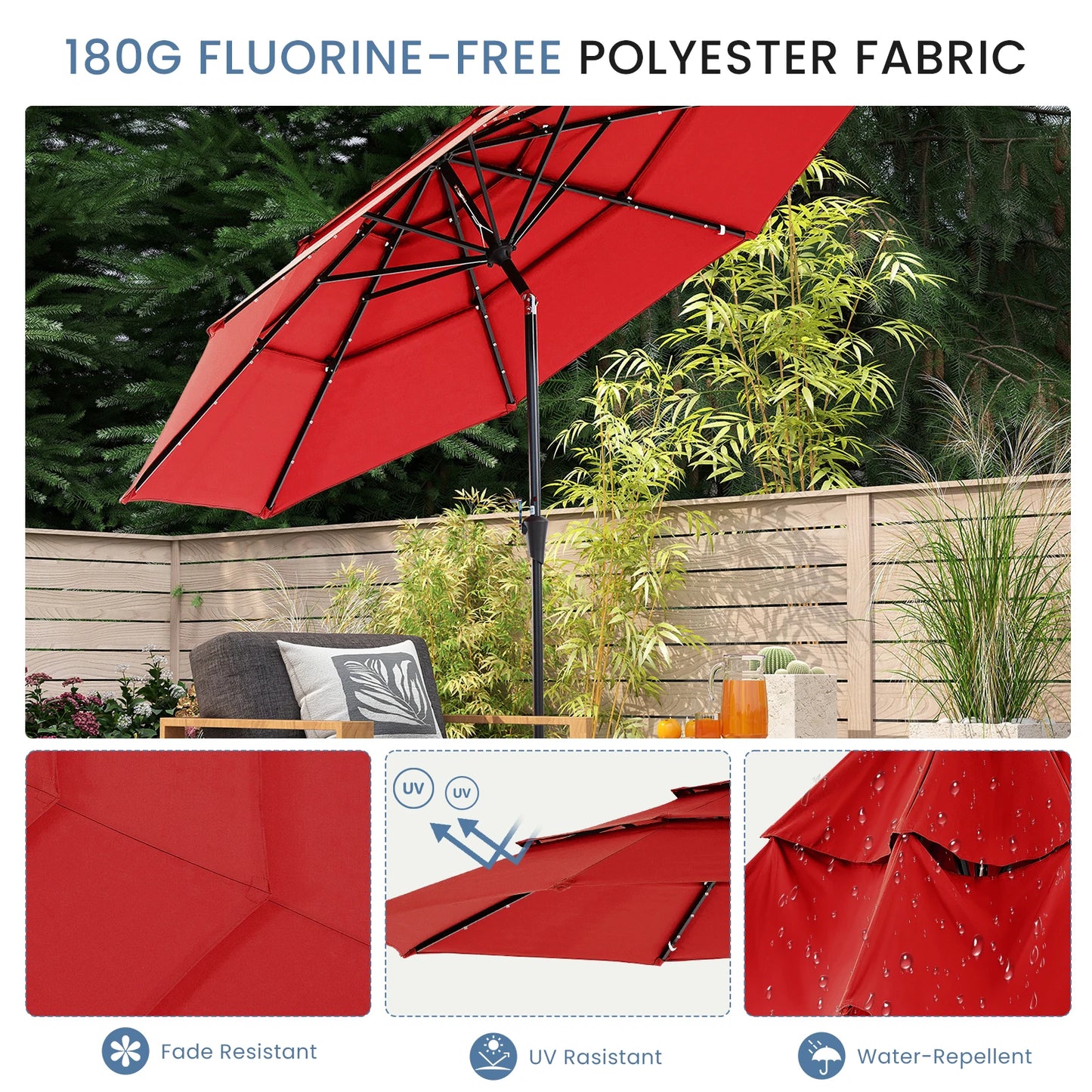 JHK Outdoor Solar Patio Umbrella With 32 LED Lights