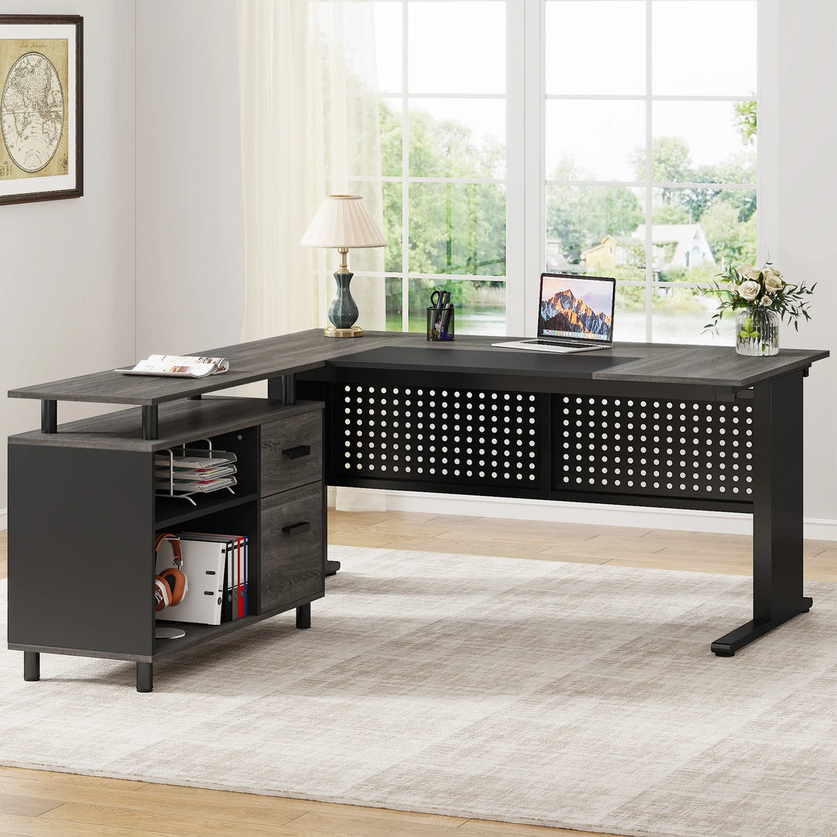 Tribesigns L-Shaped Office Desk with File Cabinet Drawers and Shelves
