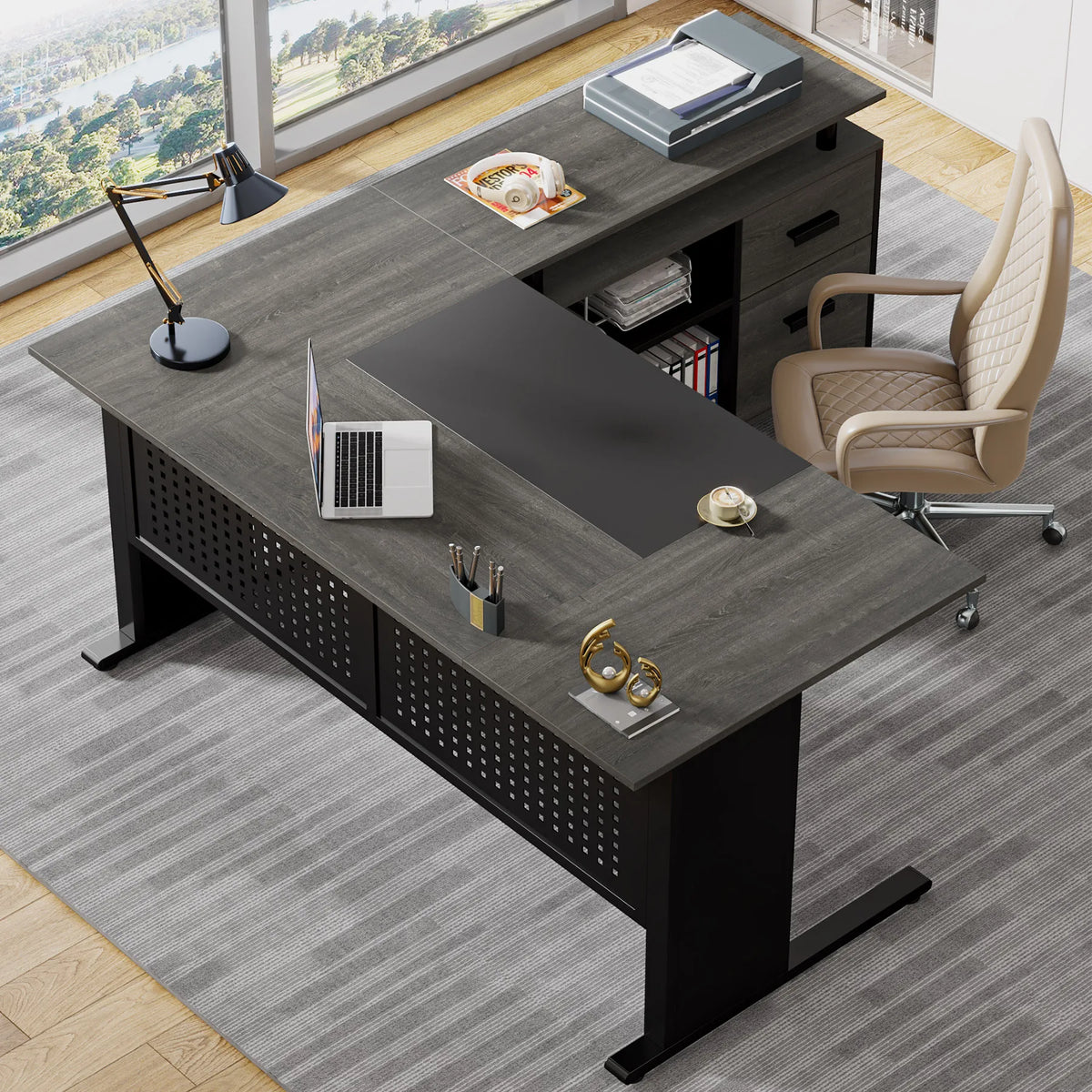 Tribesigns L-Shaped Office Desk with File Cabinet Drawers and Shelves