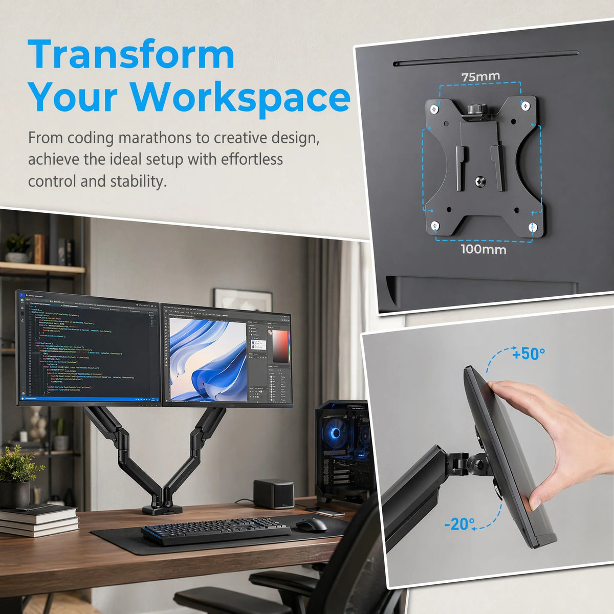 K Kyspho Adjustable Dual Monitor Mount With Stable Vesa Support