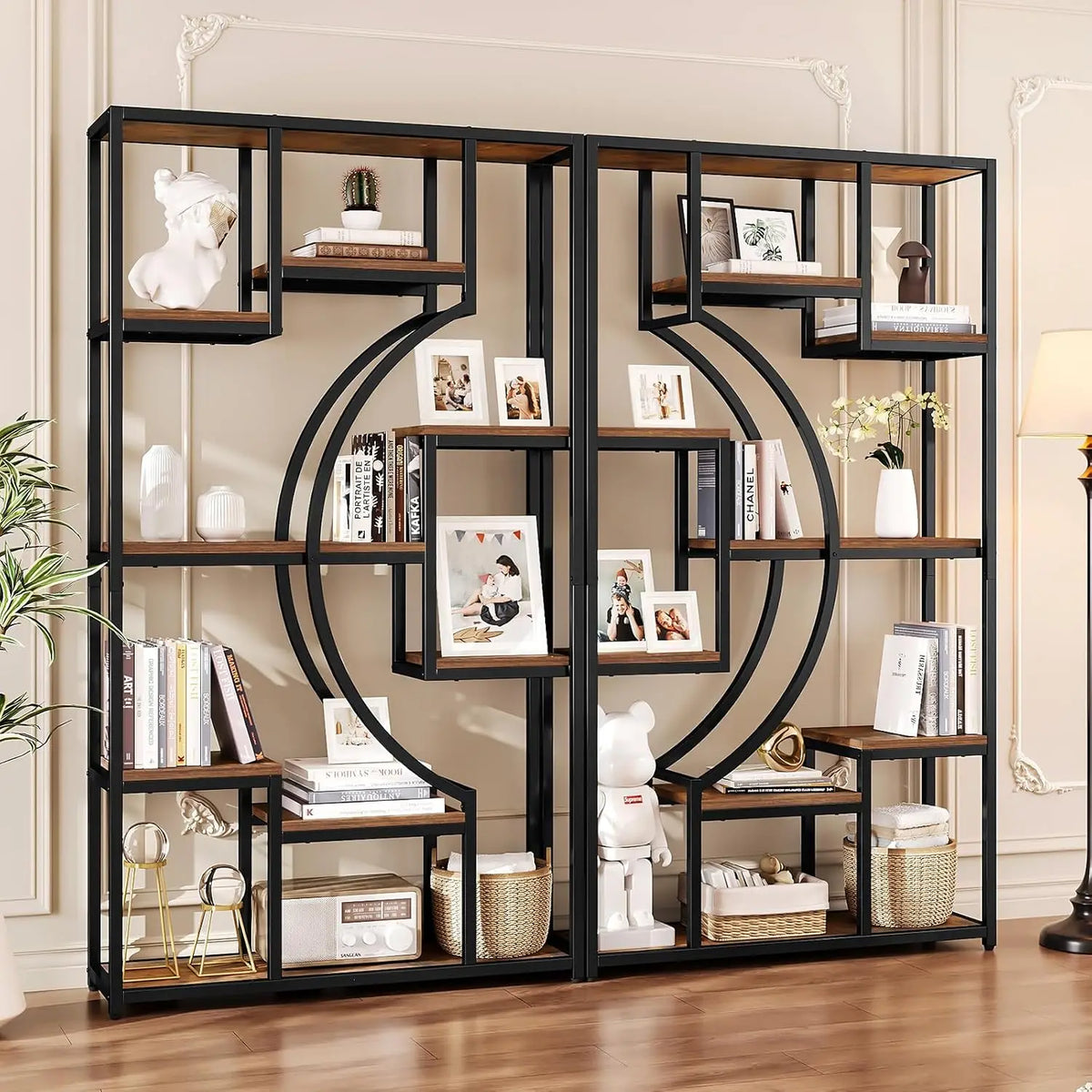 Freestanding Geometric Bookshelf Set With Eighteen Open Storage Shelves
