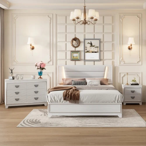 Queen Bed Upholstered 3 Piece Bedroom Set LED Lights Nightstands