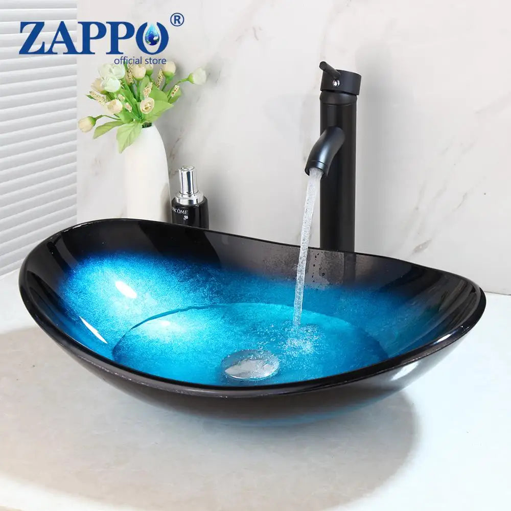 Mekkhala Oval Blue Tempered Glass Vessel Sink With Waterfall Faucet
