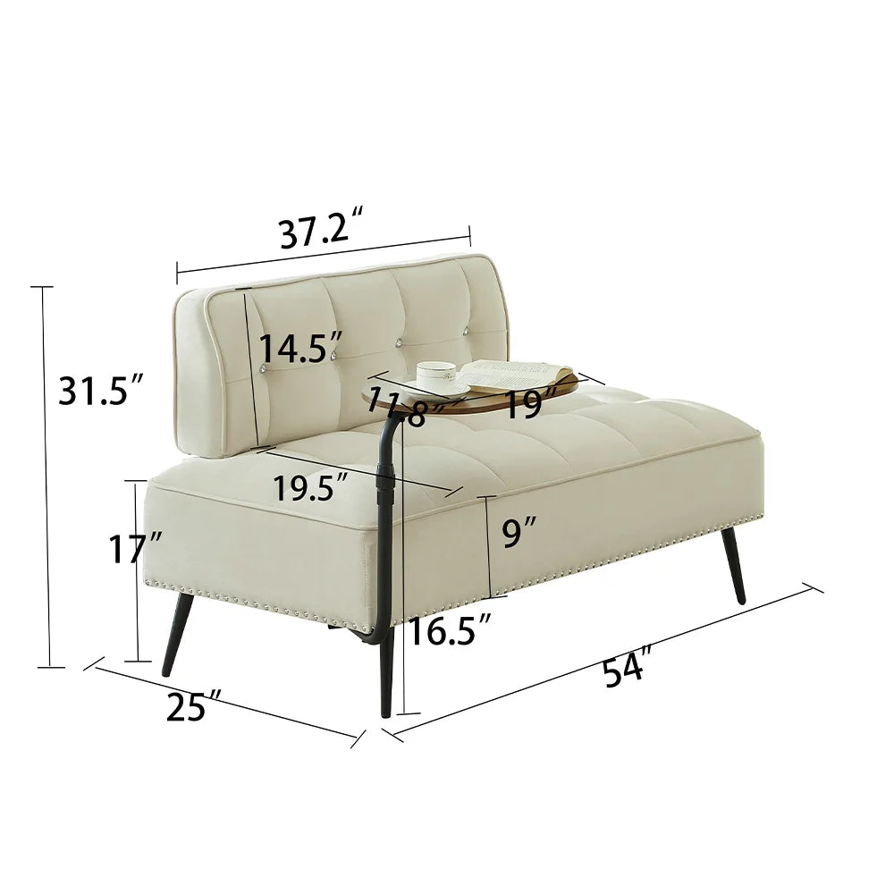 Modern Armless Velvet Sofa With Integrated Rotating Side Table