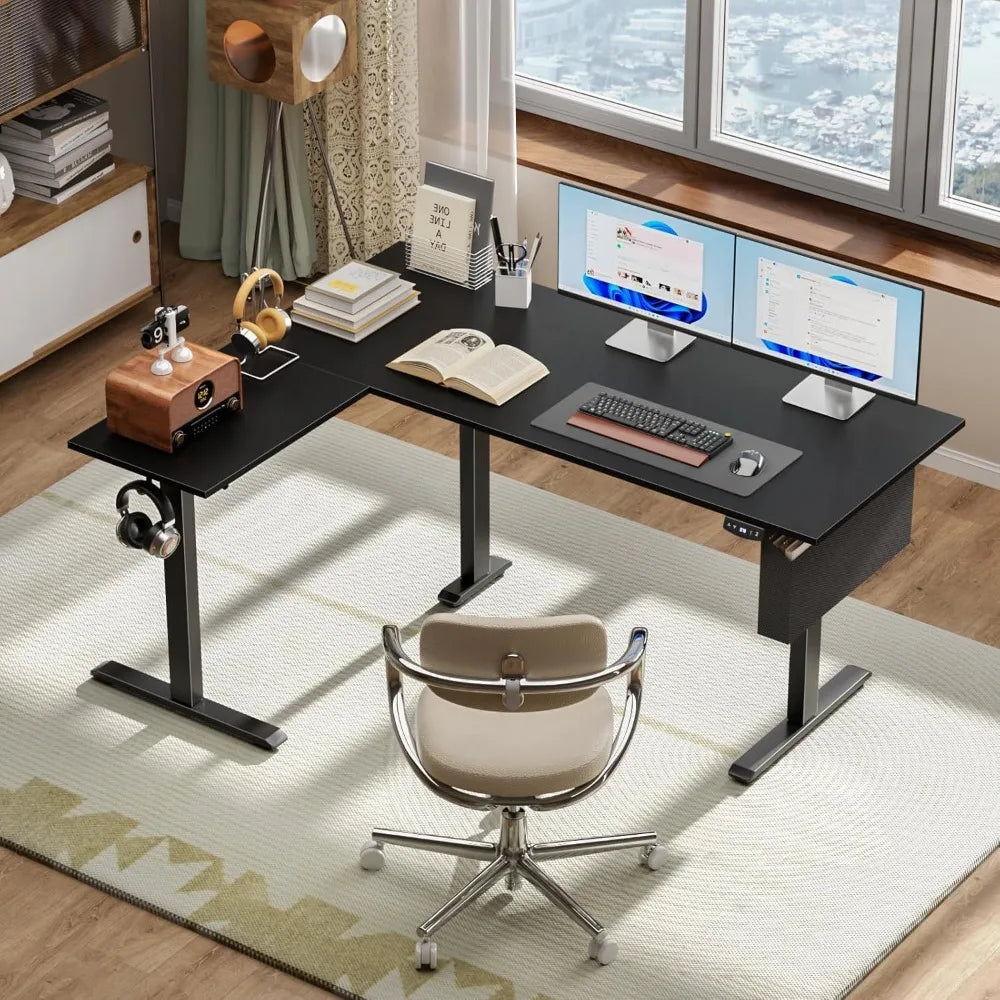 63" L-Shaped Standing Desk, Height Adjustable, Memory Presets, Supports 180lbs for Home Office and Study