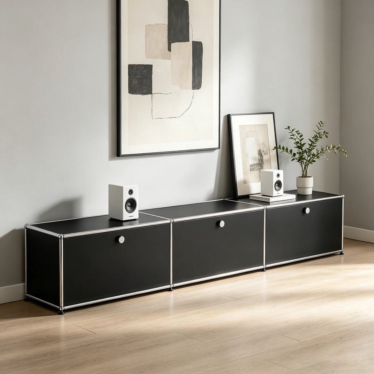 Modern Stainless Steel Media Console With Living Room Storage