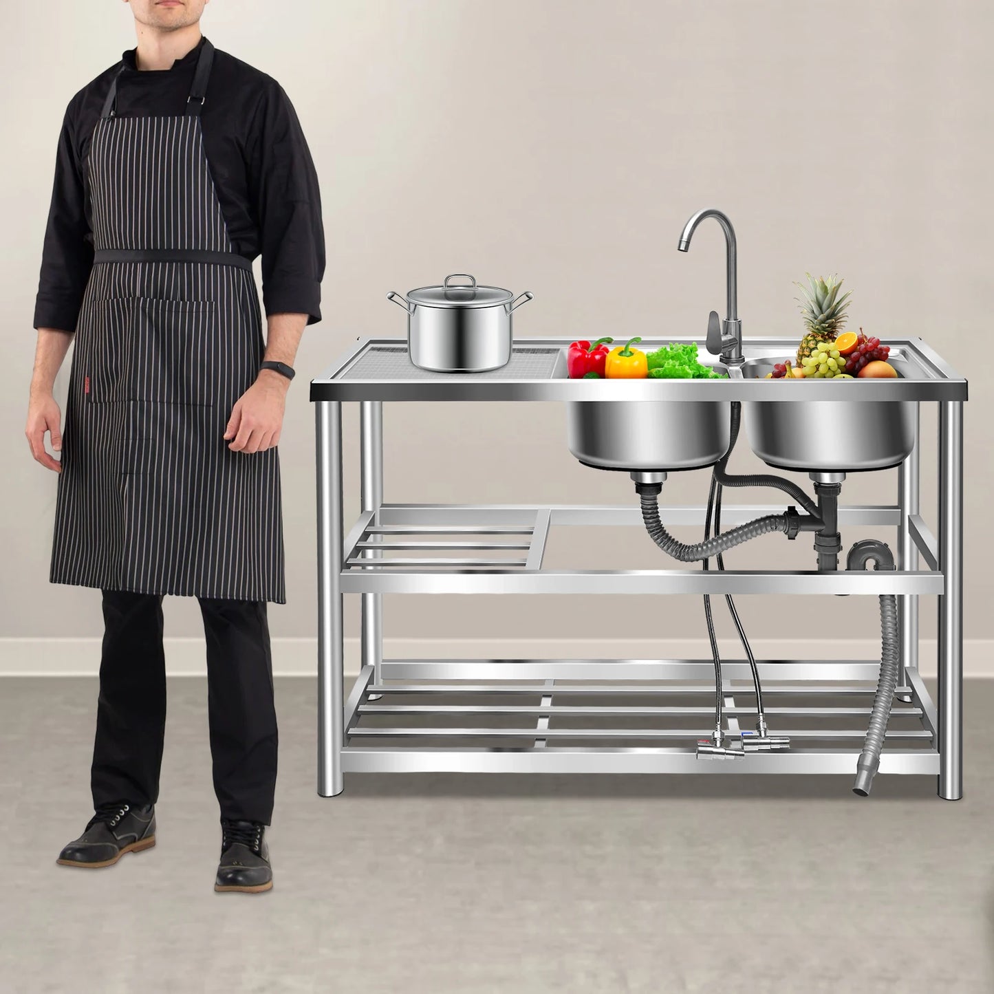 Heavy Duty 304 Stainless Steel Double Compartment Sink With Faucet