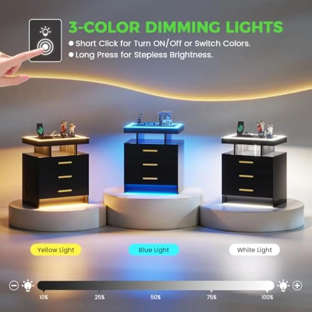 Modern Led Nightstand With Wireless Charging And Usb Ports