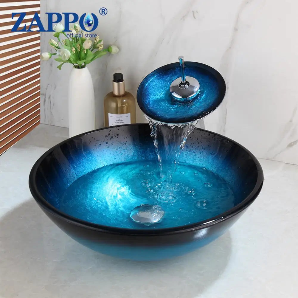 Mekkhala Oval Blue Tempered Glass Vessel Sink With Waterfall Faucet