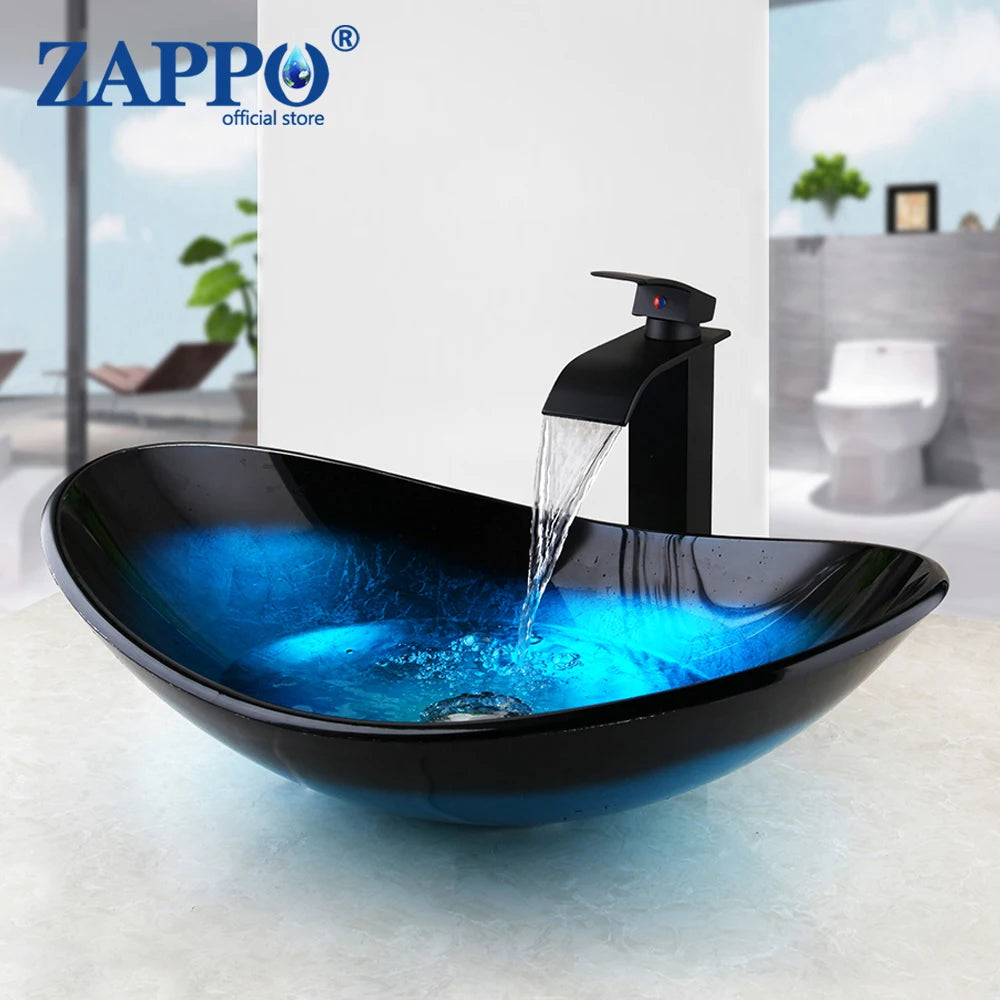 Mekkhala Oval Blue Tempered Glass Vessel Sink With Waterfall Faucet