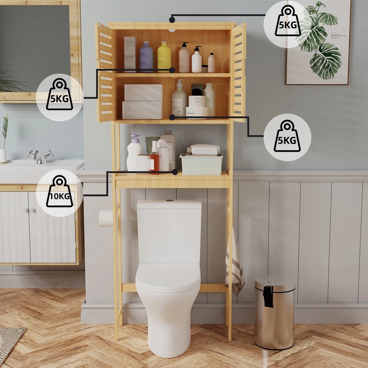 Bamboo Over The Toilet Storage Cabinet With Adjustable Shelves