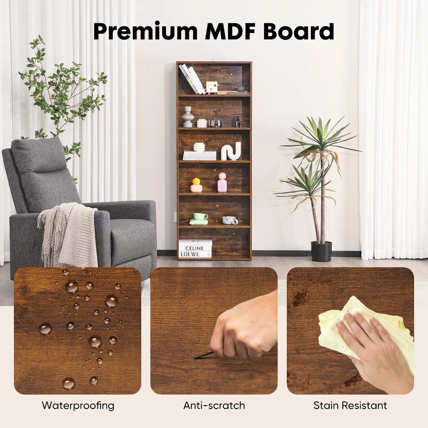 JHK Sturdy Wooden Shelf Bookcase For Living Room And Home Office