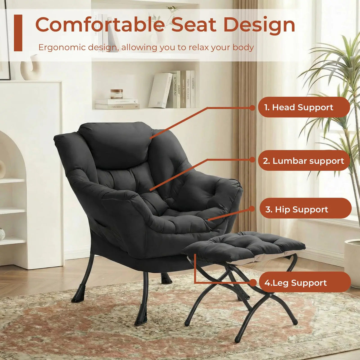 Lazy Chair with Foldable Ottoman,Modern Comfy Lounge Chair,Large Sofa Armchair,Reading Chair,with Footrest,a Side Pocket,non-slip foot pads,for Bedroom,Living Room,Dorm