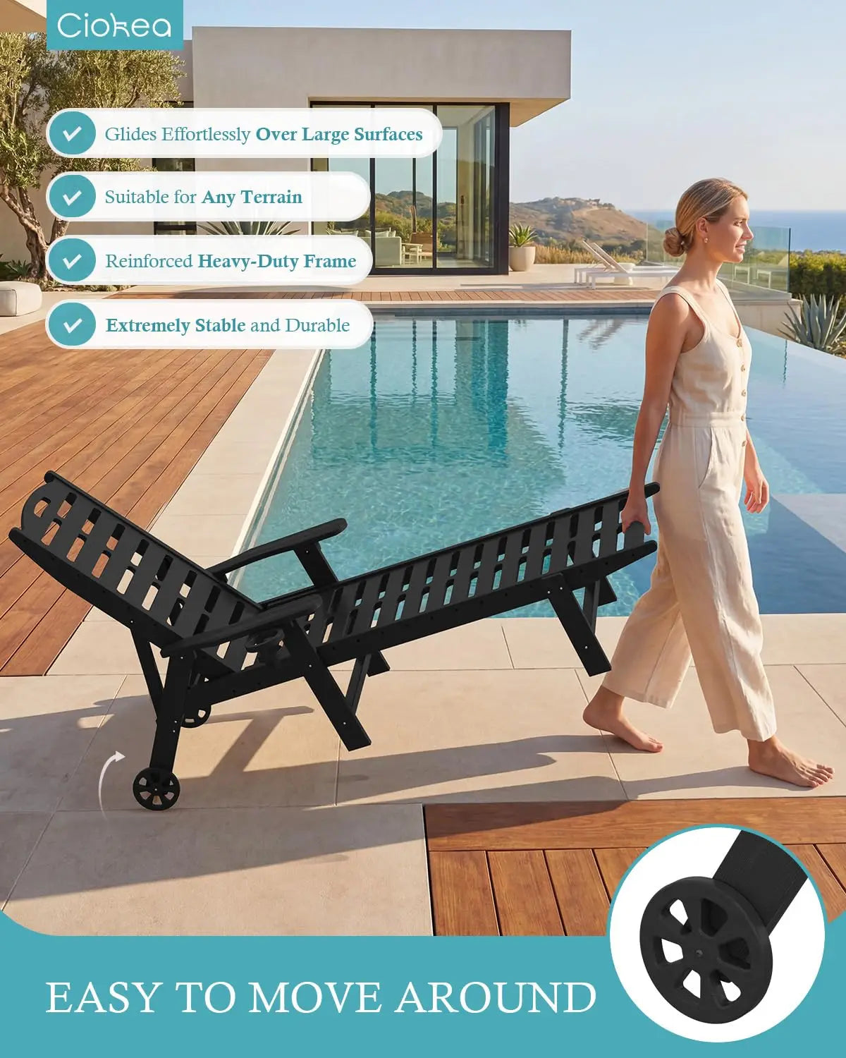 Heavy Duty Adjustable HDPE Sun Lounger Chairs With Wheels
