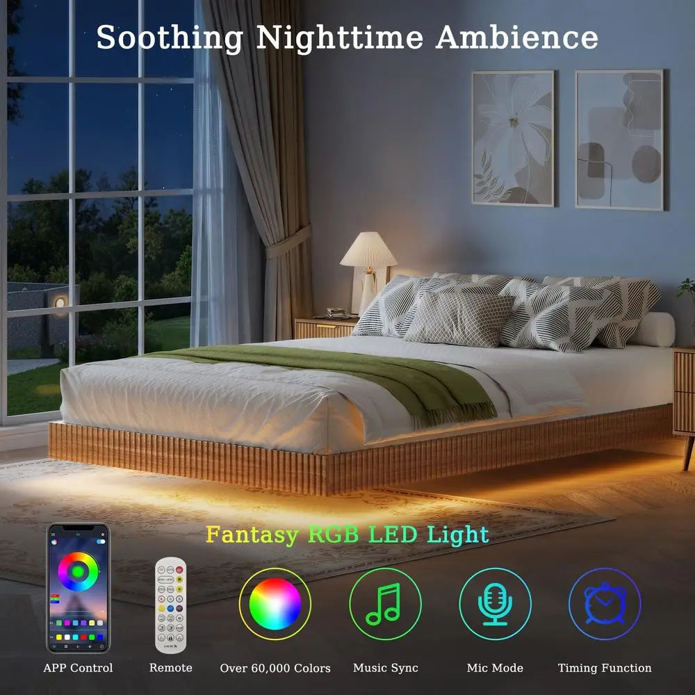 Queen Floating Bed Frame Set With Smart LED Lights Nightstands