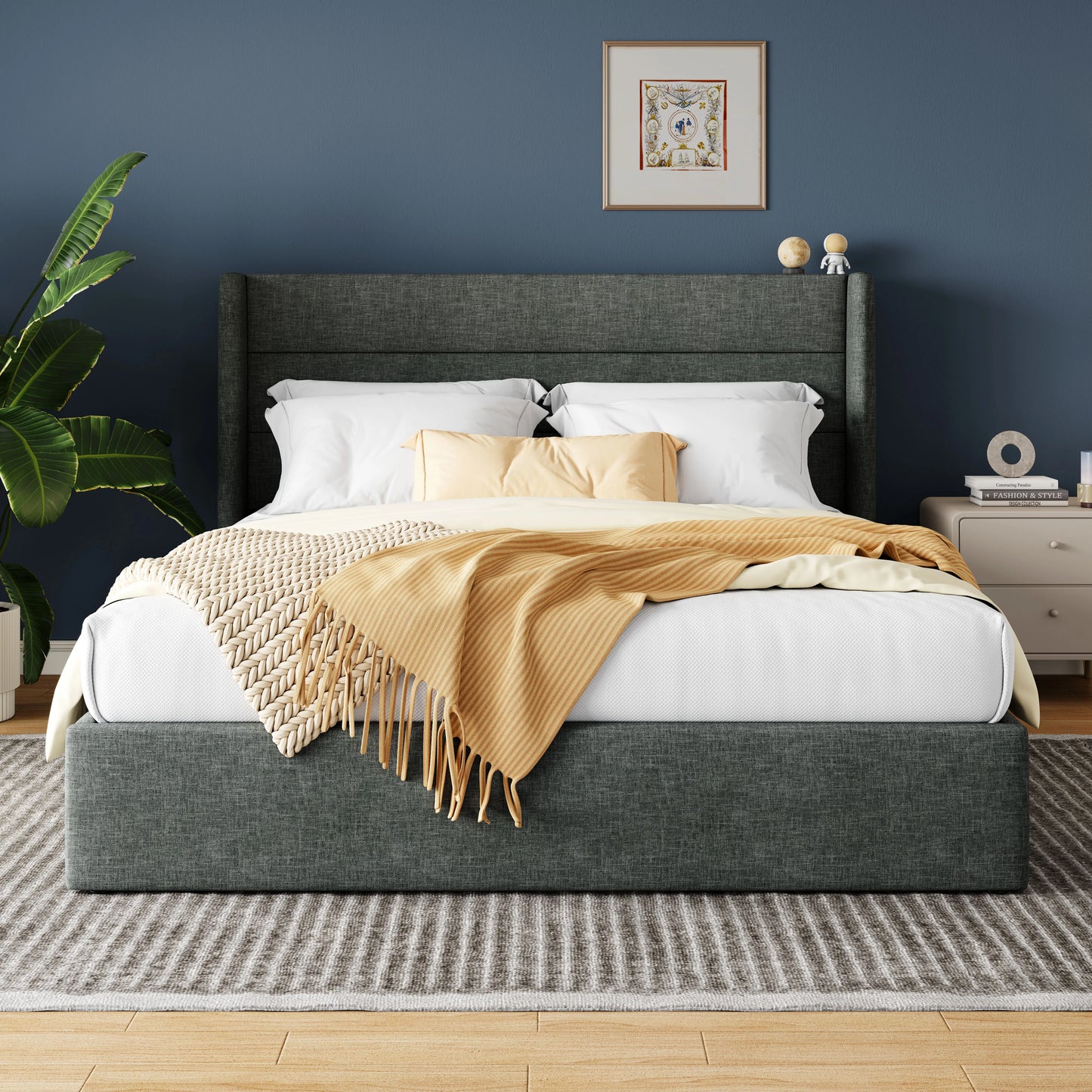 HOOMIC Lift Up Storage Bed With Wingback Headboard And Hydraulic Lift