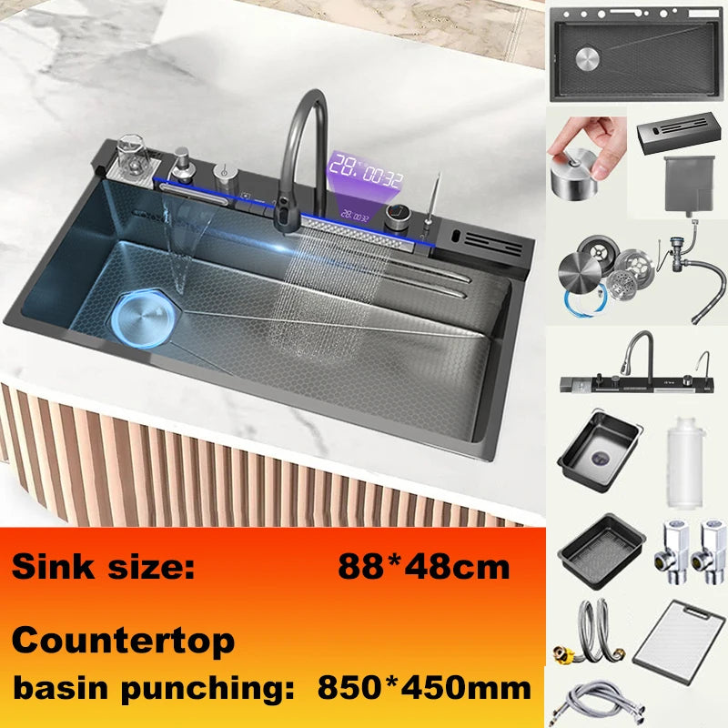 BusySink Modern Stainless Steel Kitchen Sink With Digital Display