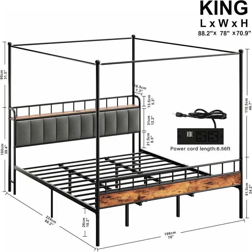 LIKIMIO Canopy Bed Frame Queen With Charging Station Headboard