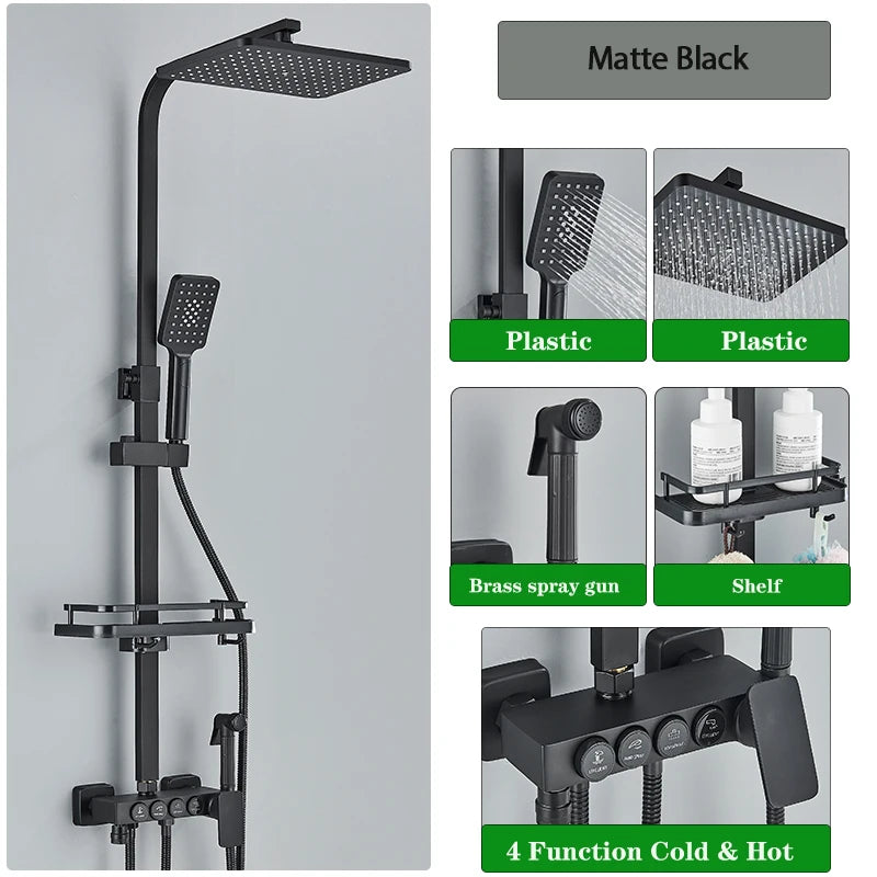ALENARTWATER Black And Gold Shower Faucet Set With Dual Spray