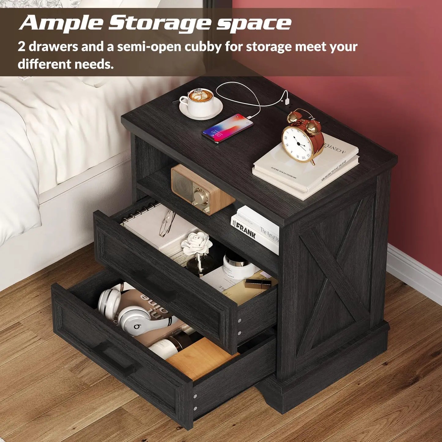 Frame Farmhouse Nightstands With Charging Station Set of 2
