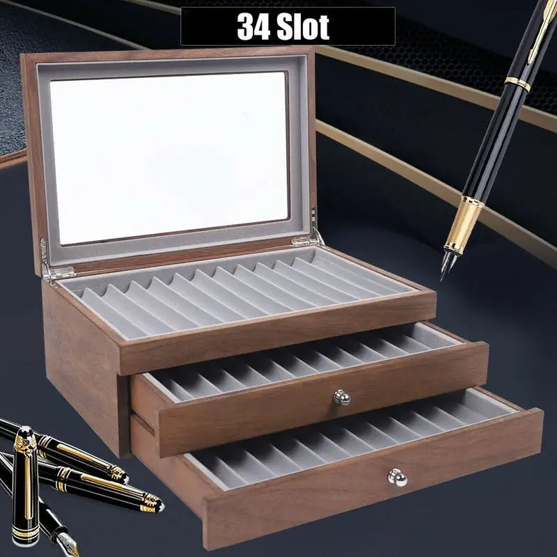 Walnut Wood 34 Slot Pen Storage Case With Drawer Display